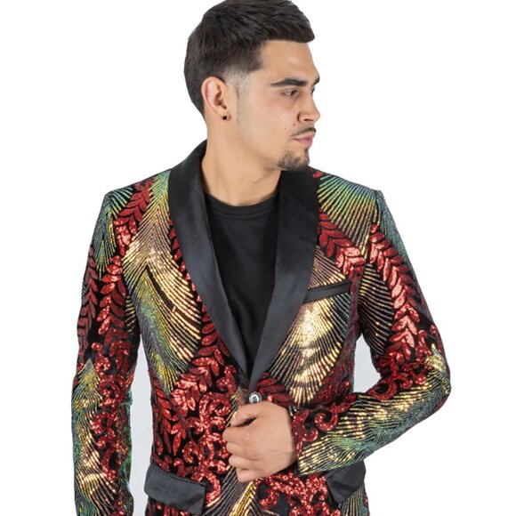 Mens Red & Gold Paisley Sequin Prom Blazer Tuxedo